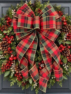 XL Christmas Plaid Bow, Red Black Green Tartan Wreath Bow, Handmade Holiday Door